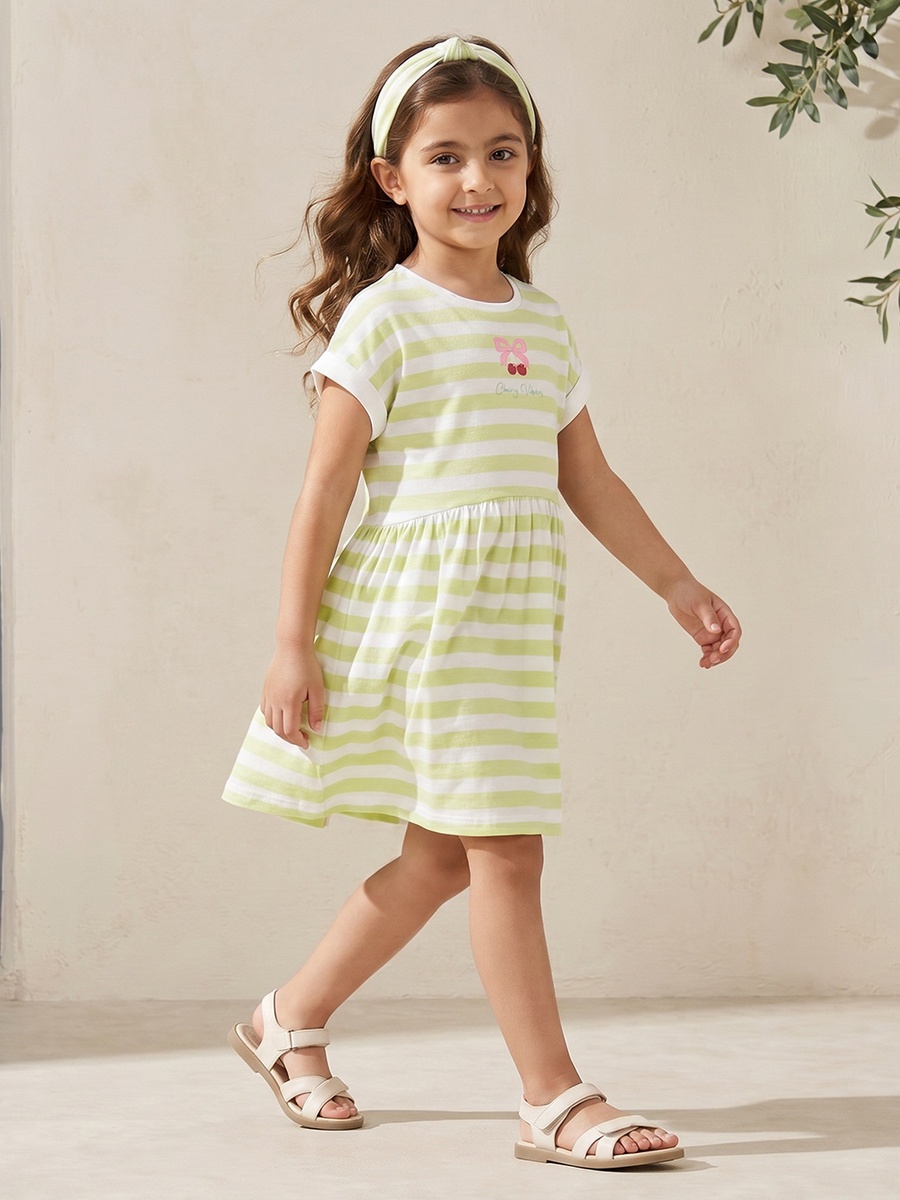 Crew Neck Short Sleeves Knee Length A-Line Dress with Stripes