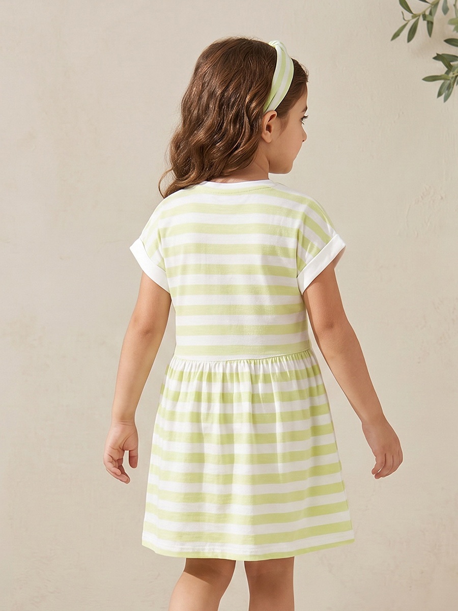 Crew Neck Short Sleeves Knee Length A-Line Dress with Stripes