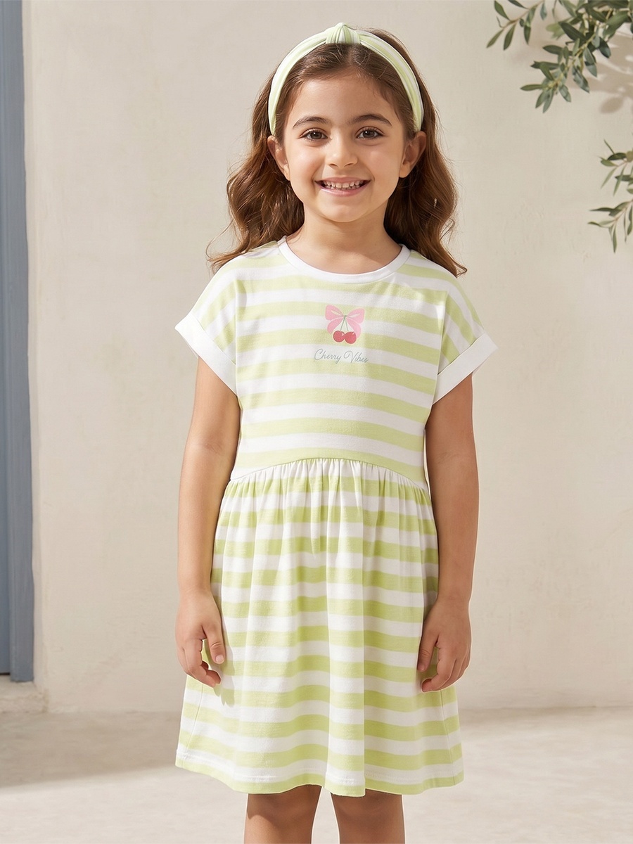 Crew Neck Short Sleeves Knee Length A-Line Dress with Stripes
