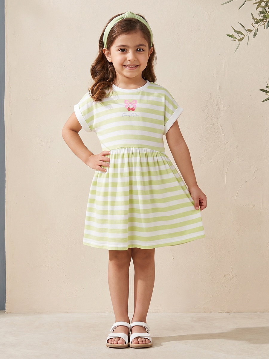 Crew Neck Short Sleeves Knee Length A-Line Dress with Stripes