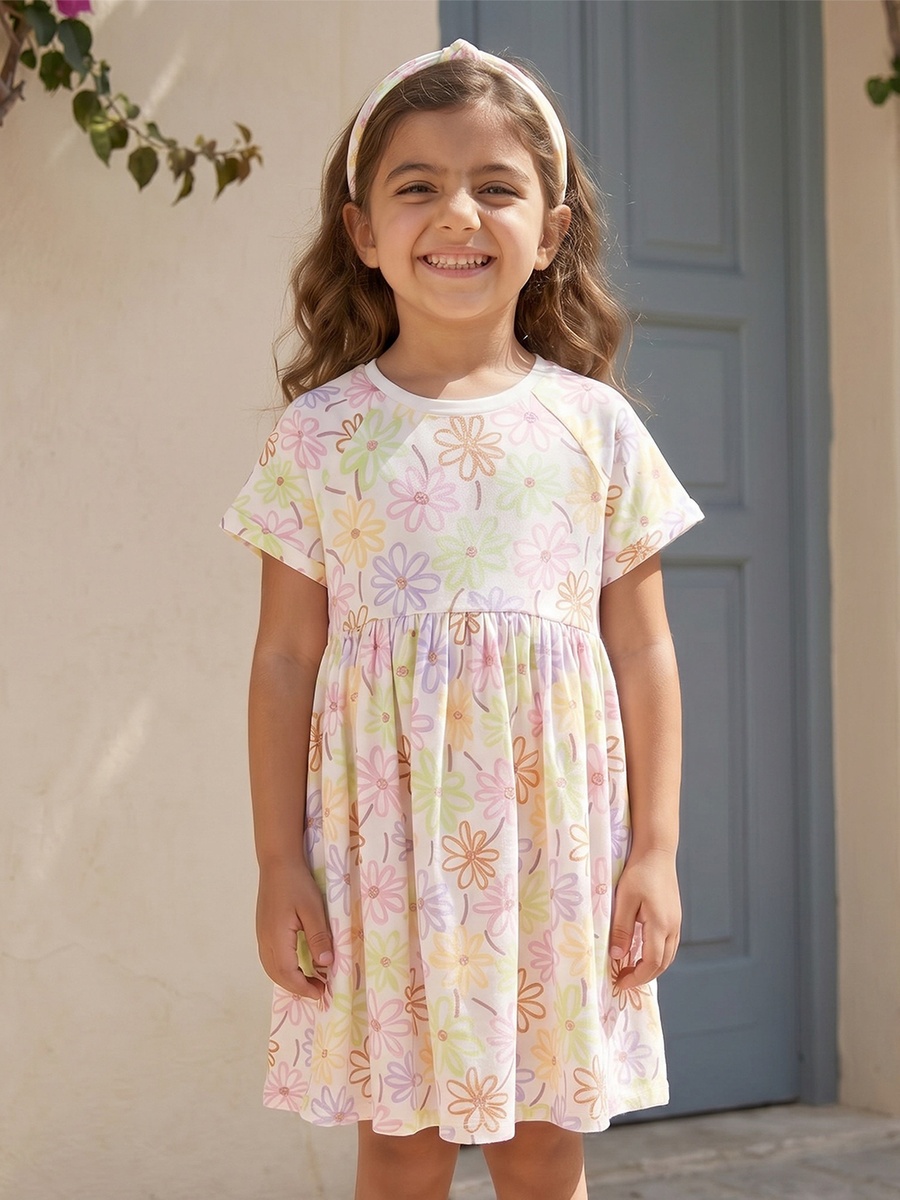 Round Neck Short Sleeves Knee Length A-Line Dress with Floral Print