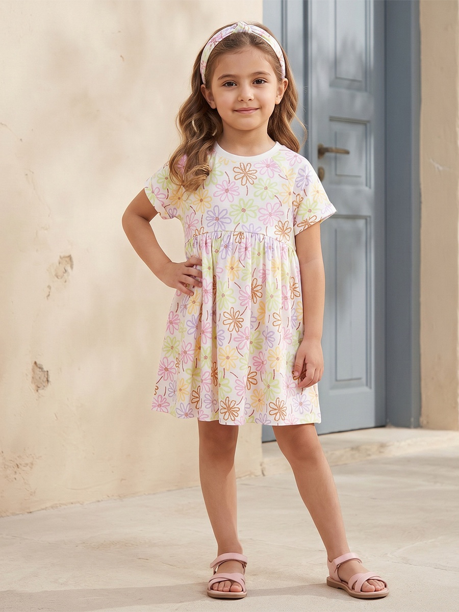 Round Neck Short Sleeves Knee Length A-Line Dress with Floral Print
