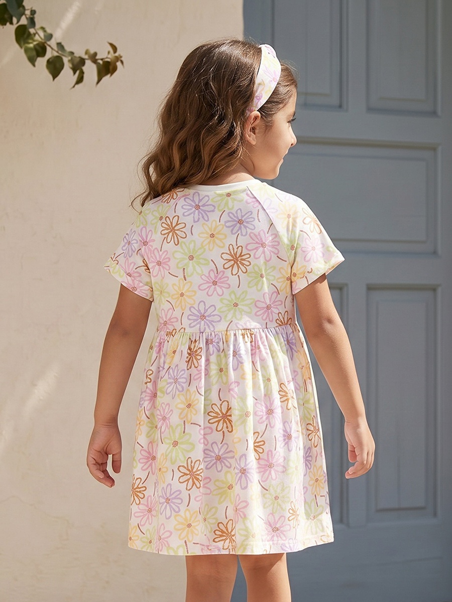 Round Neck Short Sleeves Knee Length A-Line Dress with Floral Print