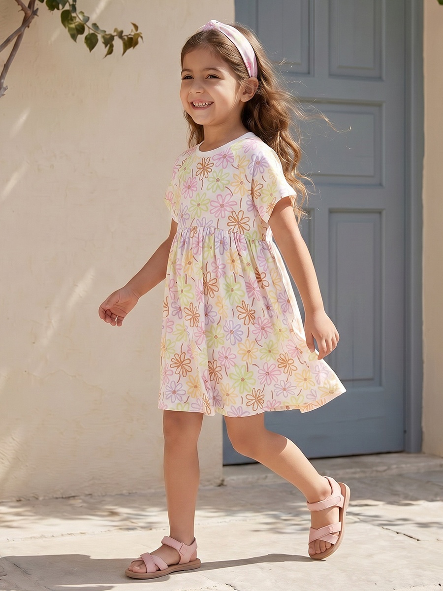 Round Neck Short Sleeves Knee Length A-Line Dress with Floral Print