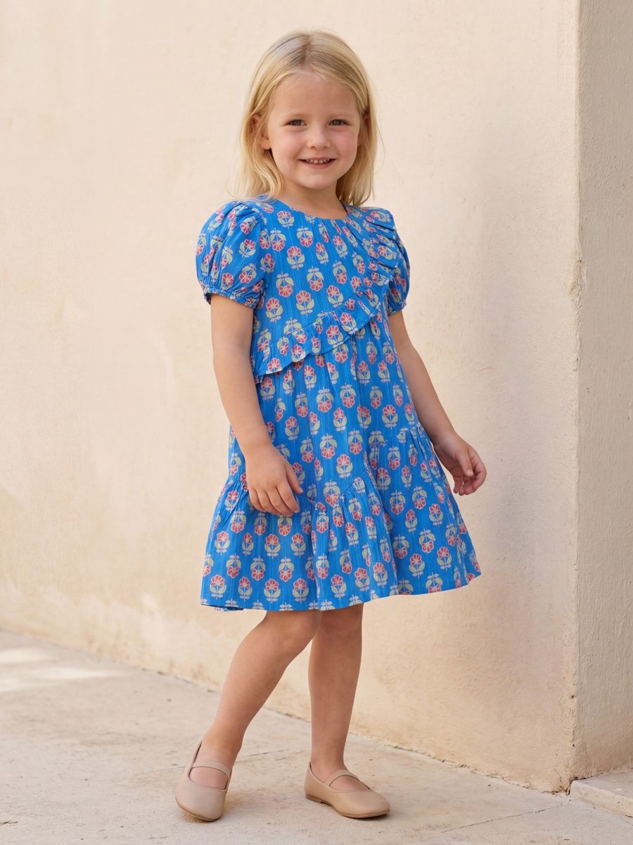 Round Neck Short Sleeves Knee Length A-Line Dress with Floral Print