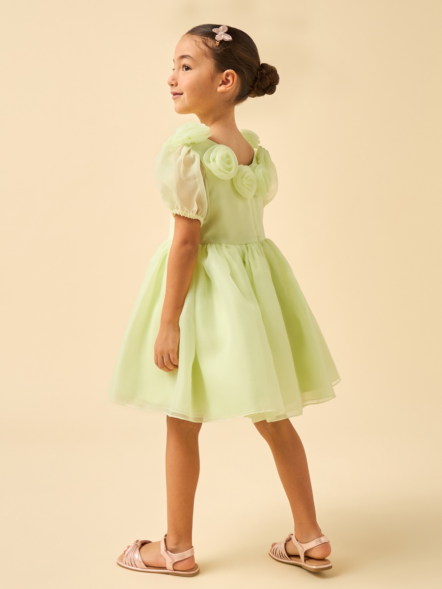 Round Neck Short Sleeves Dress with Floral Applique