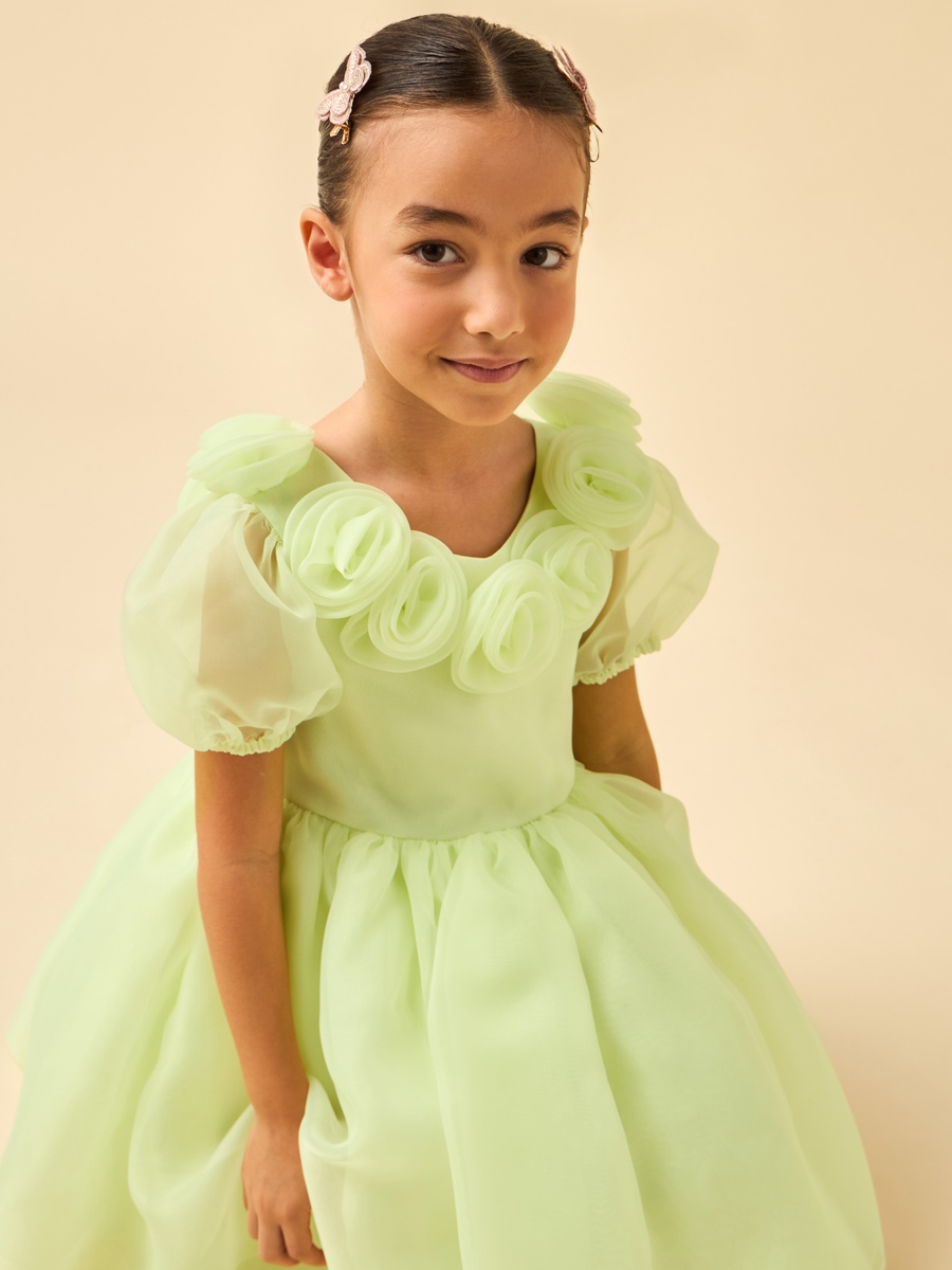 Round Neck Short Sleeves Dress with Floral Applique