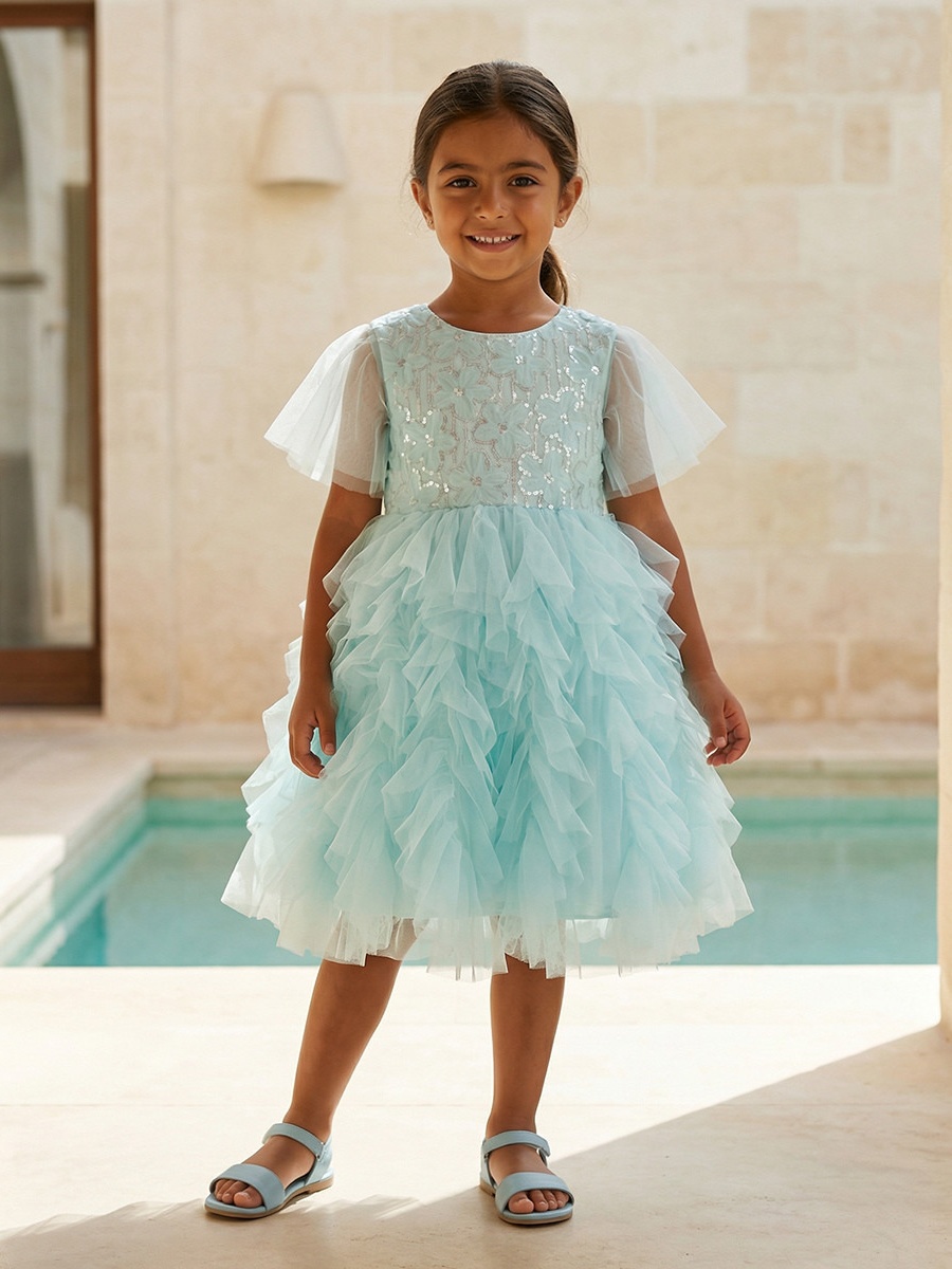 Round Neck Short Sleeves Knee Length Prom Dress with Ruffles and Sequins