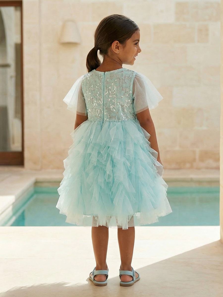 Round Neck Short Sleeves Knee Length Prom Dress with Ruffles and Sequins
