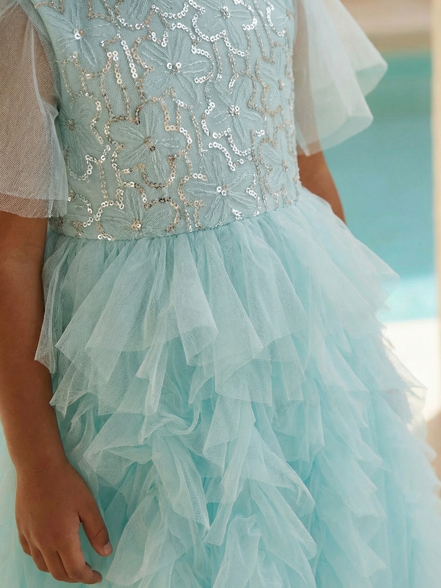 Round Neck Short Sleeves Knee Length Prom Dress with Ruffles and Sequins