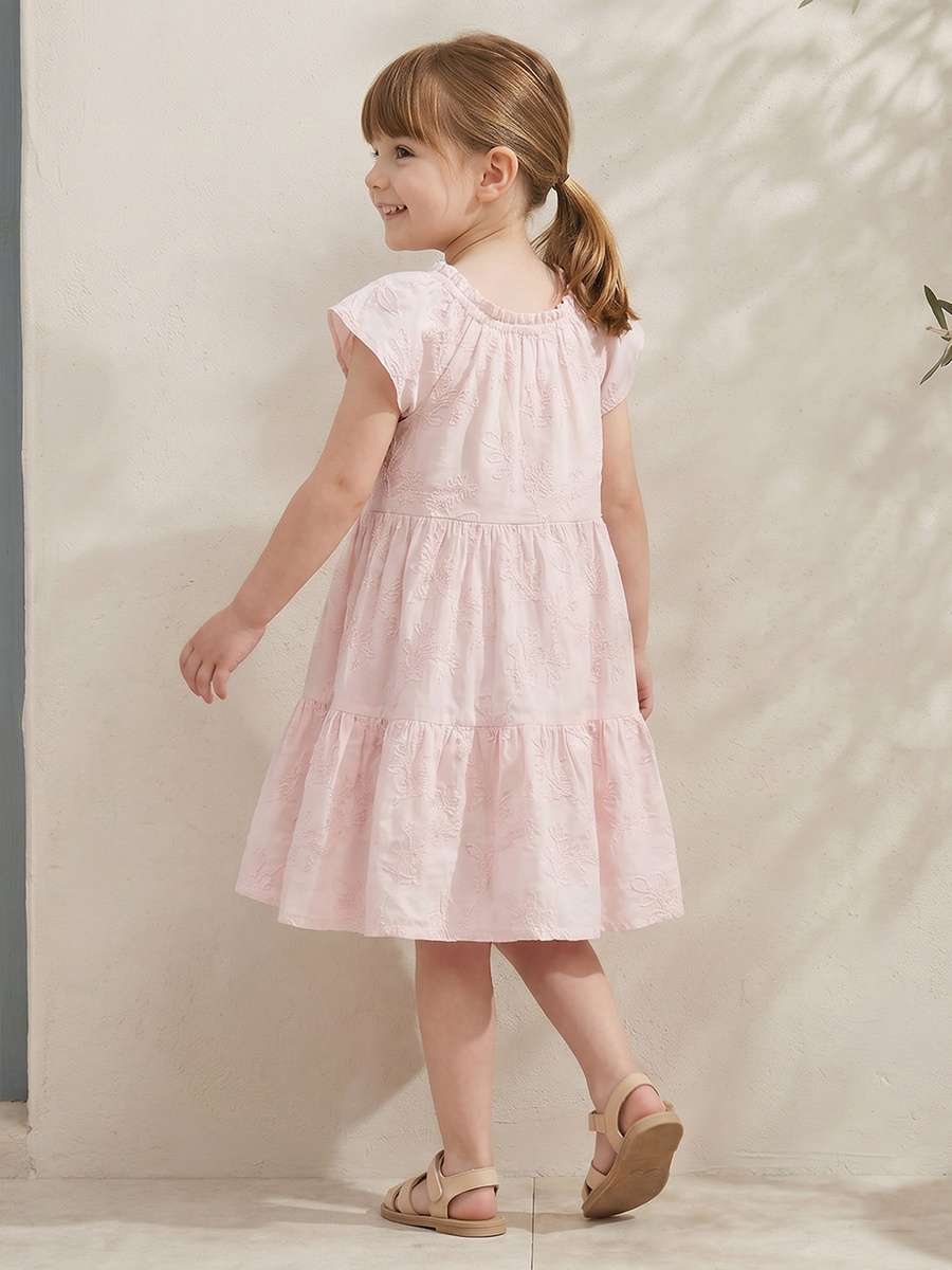Round Neck Short Sleeves Knee Length A-Line Dress with Embroidered Design