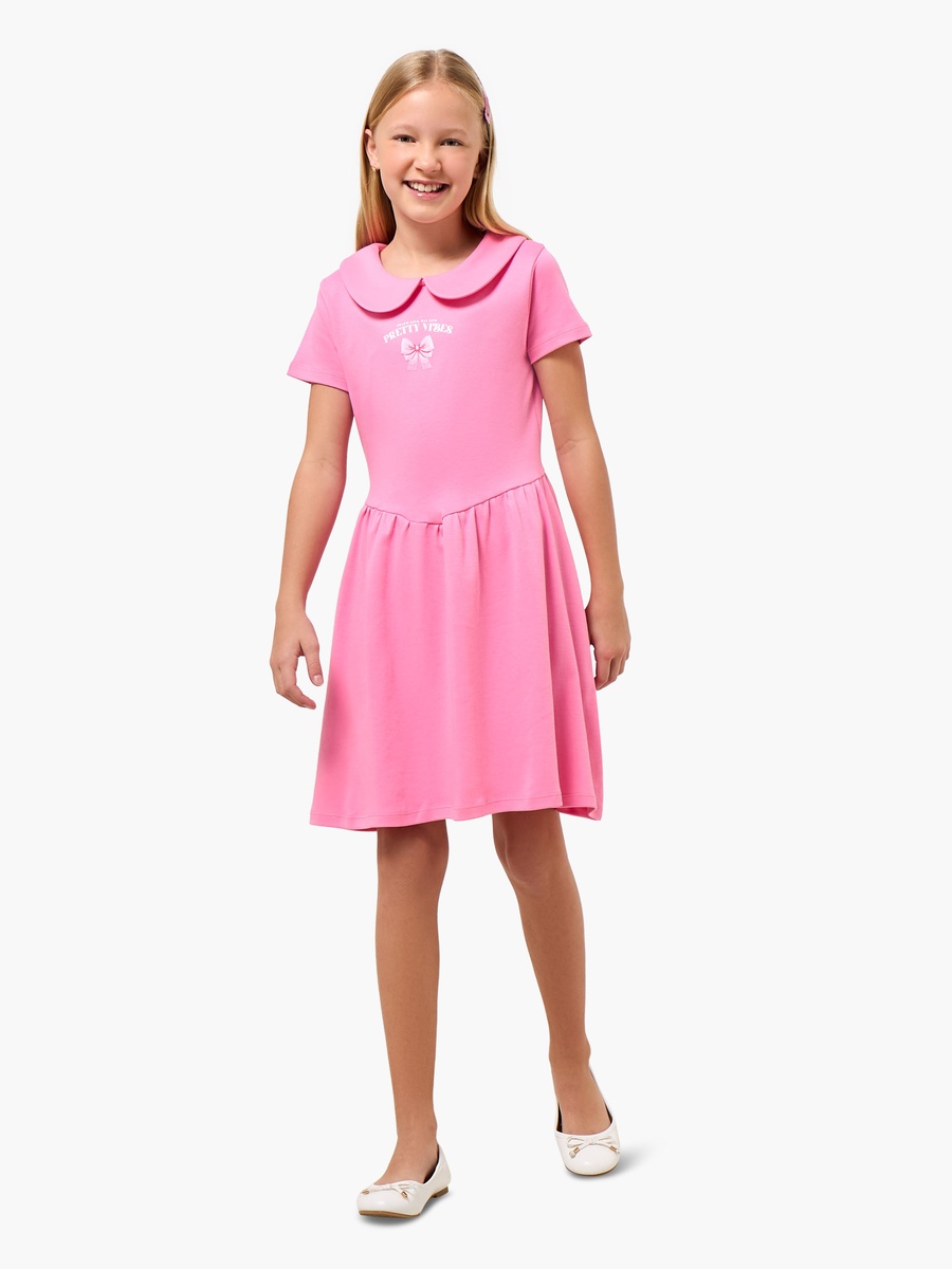 Peter Pan Collar Short Sleeves Knee Length A-Line Dress with Print