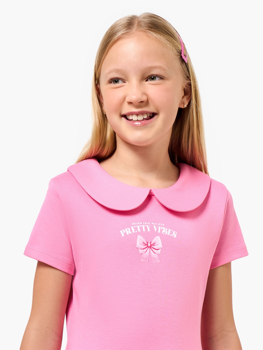 Peter Pan Collar Short Sleeves Knee Length A-Line Dress with Print