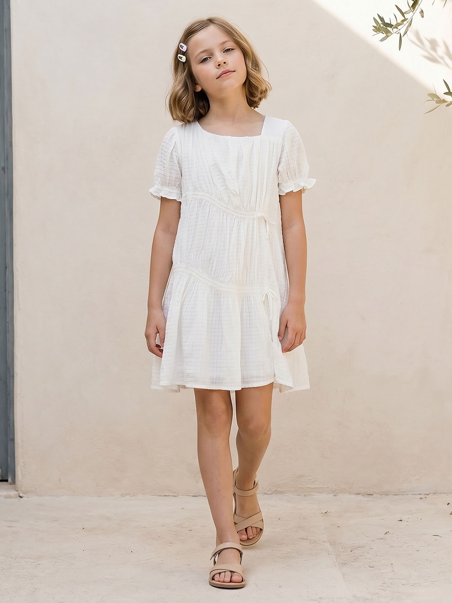 Asymmetric Neck Short Sleeves Knee Length Dress with Texture