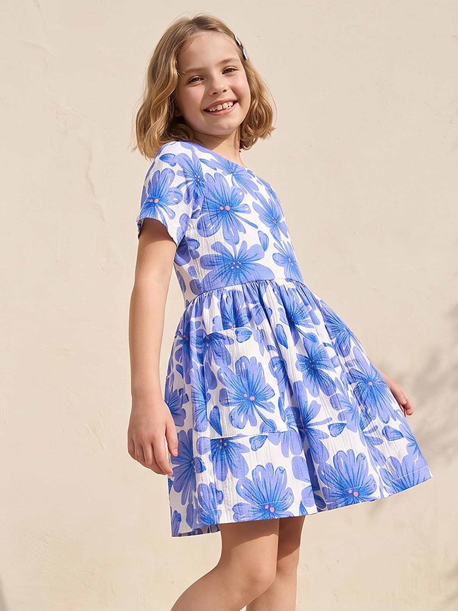 Round Neck Short Sleeves Knee Length A-Line Dress with Floral Print
