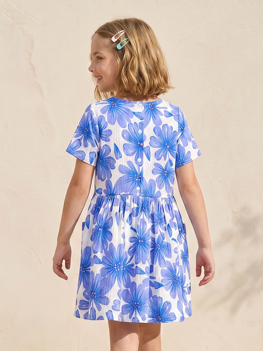 Round Neck Short Sleeves Knee Length A-Line Dress with Floral Print