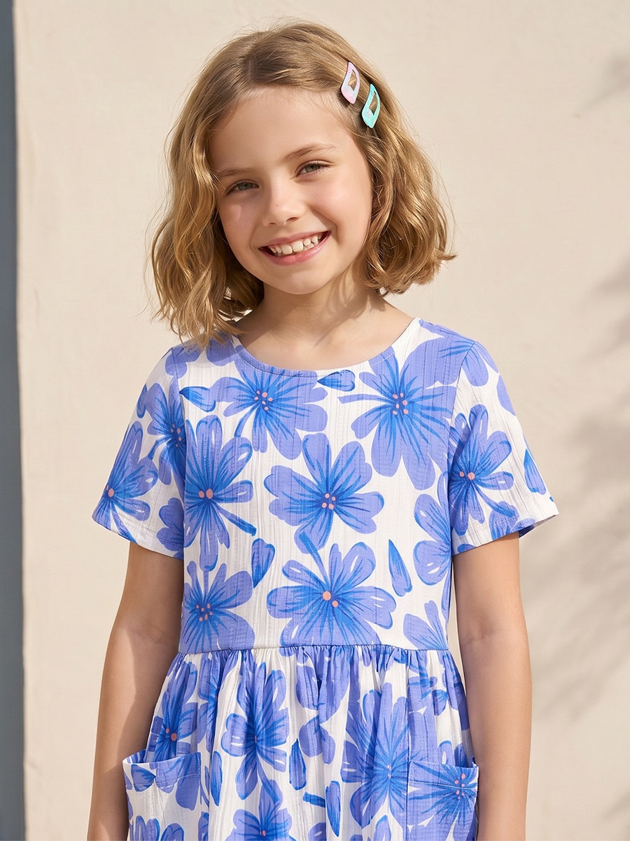 Round Neck Short Sleeves Knee Length A-Line Dress with Floral Print