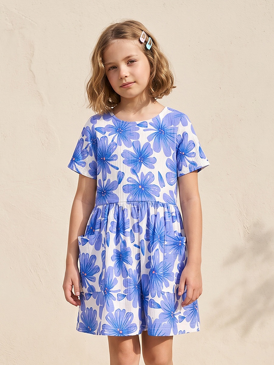 Round Neck Short Sleeves Knee Length A-Line Dress with Floral Print