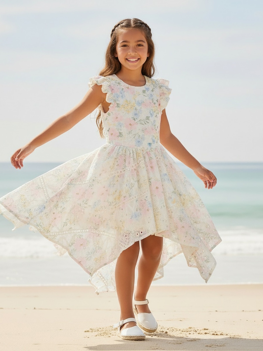 Round Neck Sleeveless Knee-Length Asymmetrical Dress with Floral Print