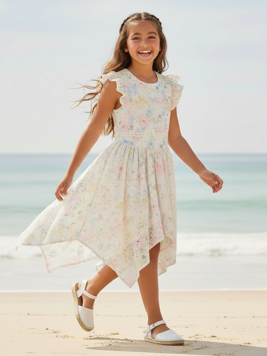 Round Neck Sleeveless Knee-Length Asymmetrical Dress with Floral Print