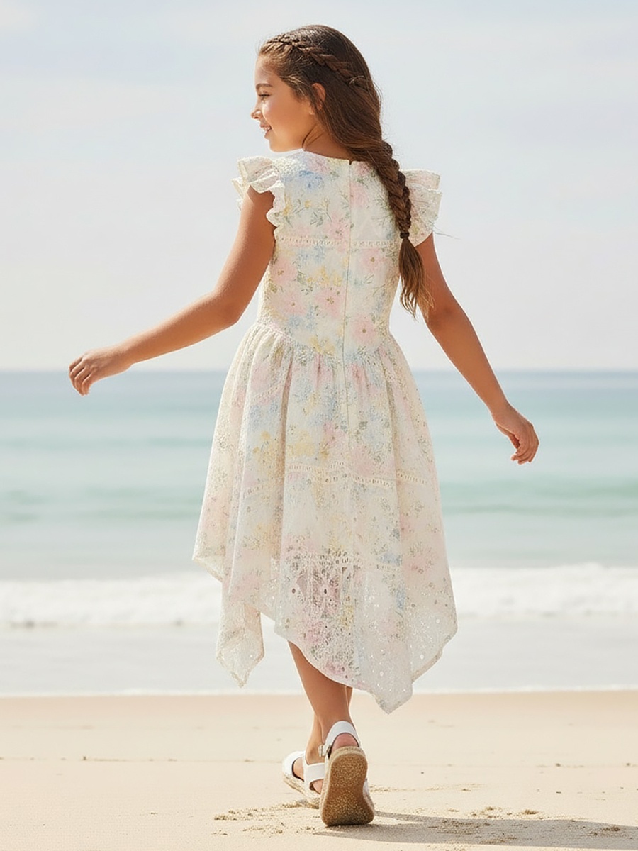 Round Neck Sleeveless Knee-Length Asymmetrical Dress with Floral Print