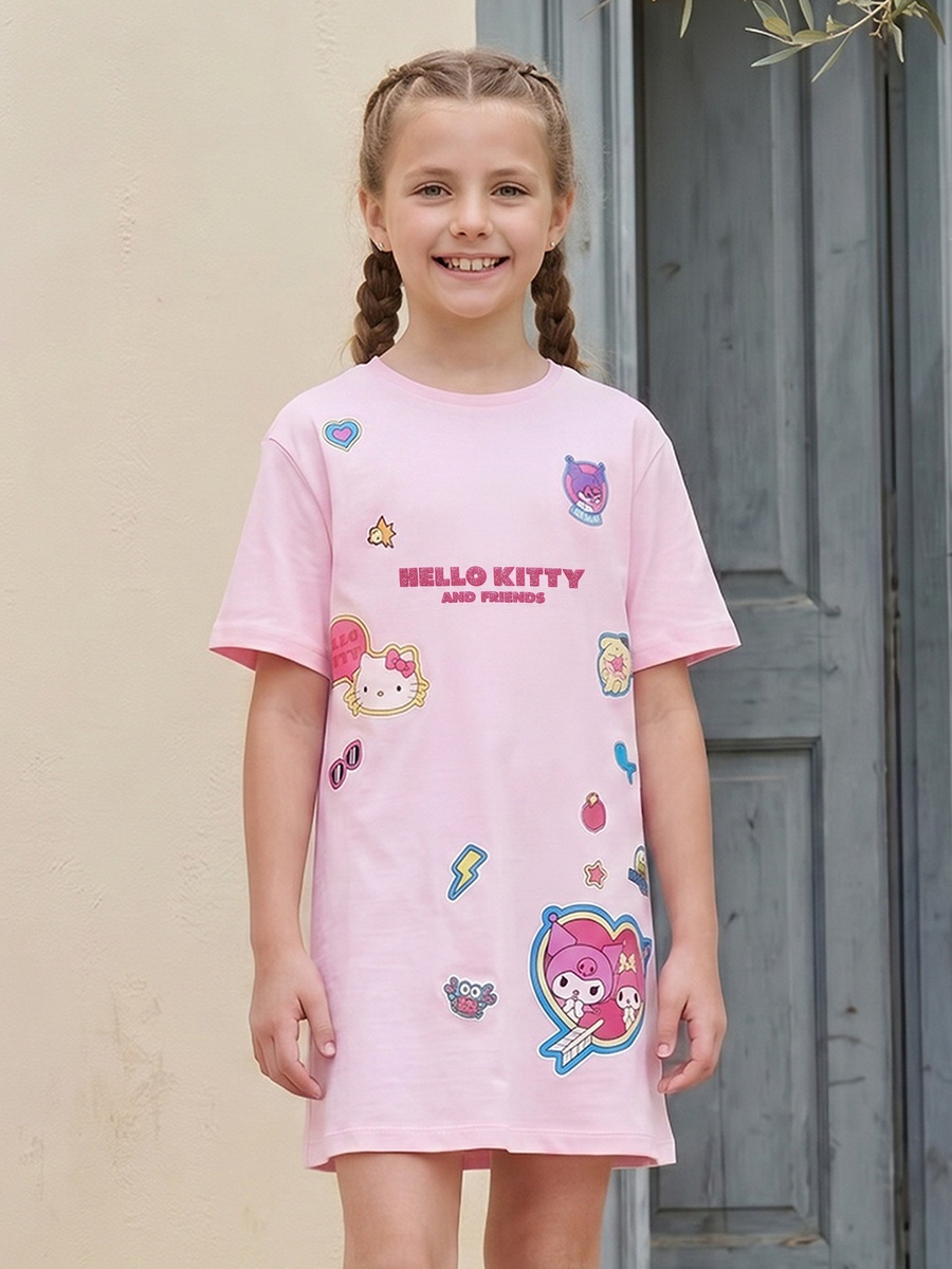 Crew Neck Short Sleeves Knee Length Dress with Hello Kitty and Friends Print
