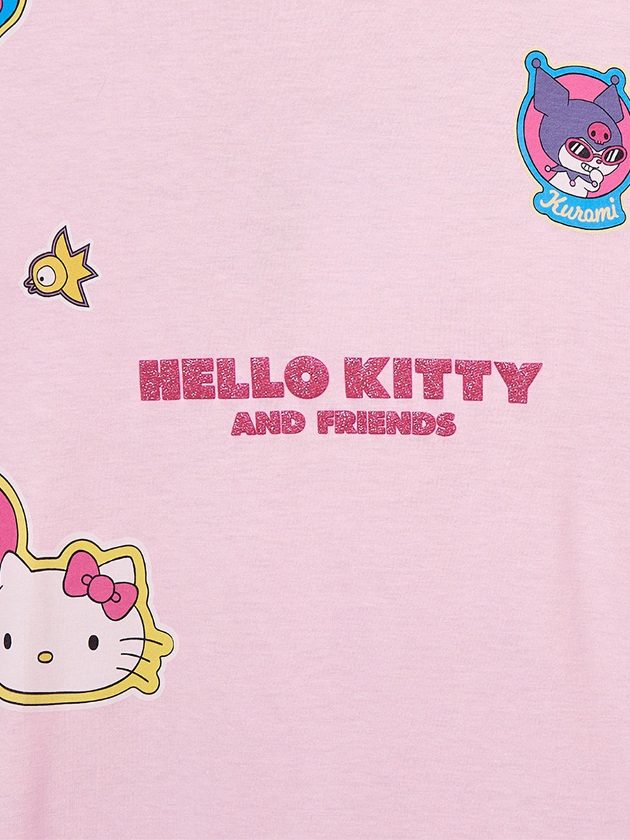 Crew Neck Short Sleeves Knee Length Dress with Hello Kitty and Friends Print