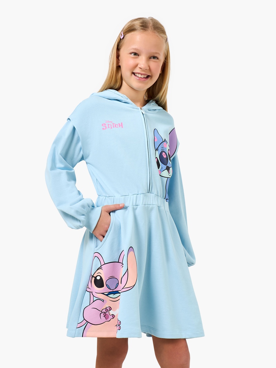 Hooded Long Sleeves Knee Length A-Line Dress with Angel and Stitch Print