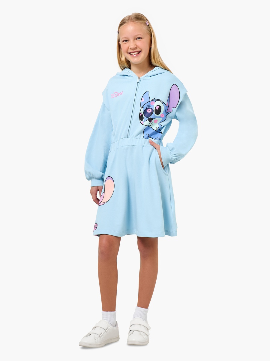 Hooded Long Sleeves Knee Length A-Line Dress with Angel and Stitch Print