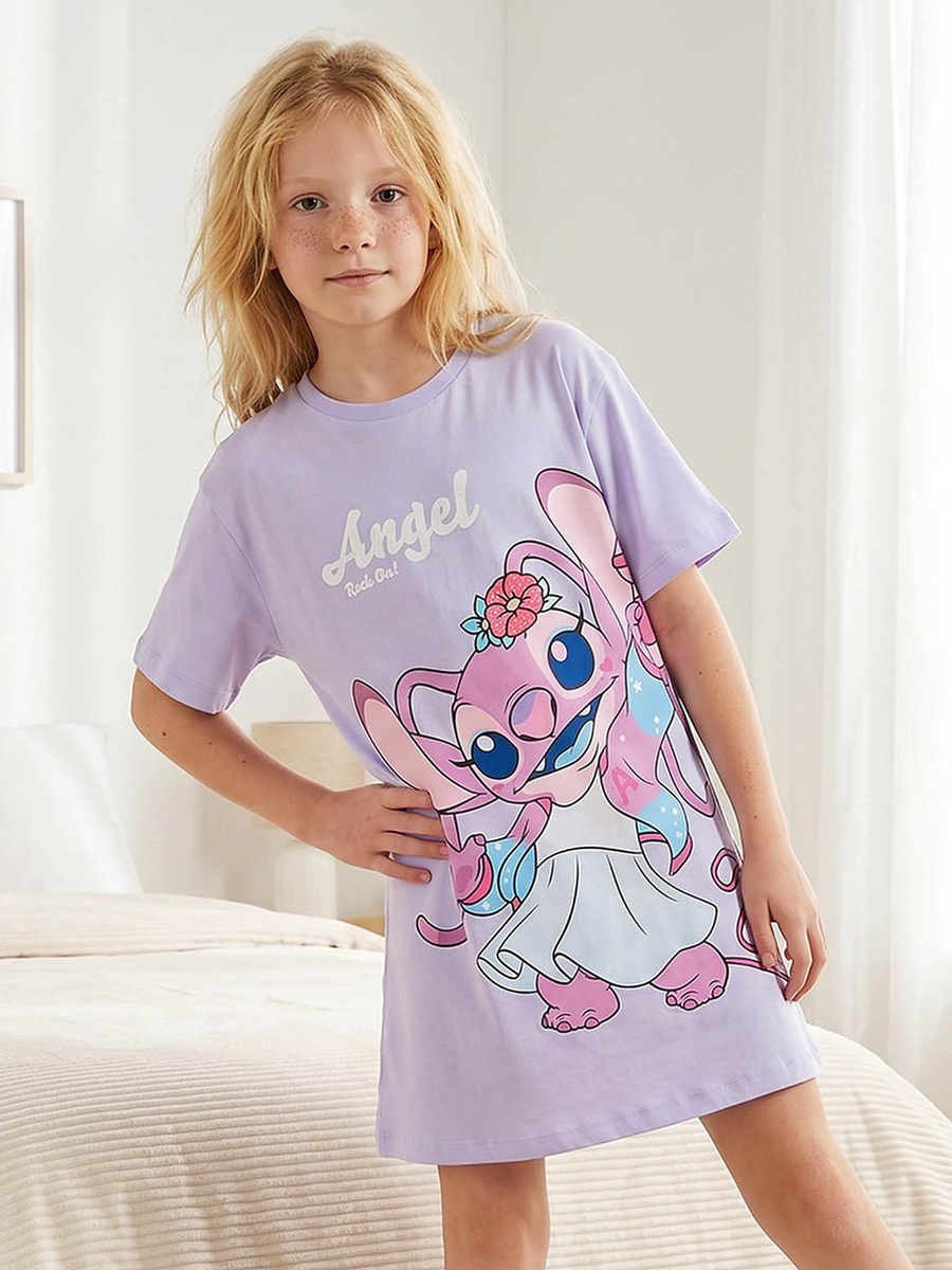 Cotton Round Neck Short Sleeves Shift Dress with Angel Print