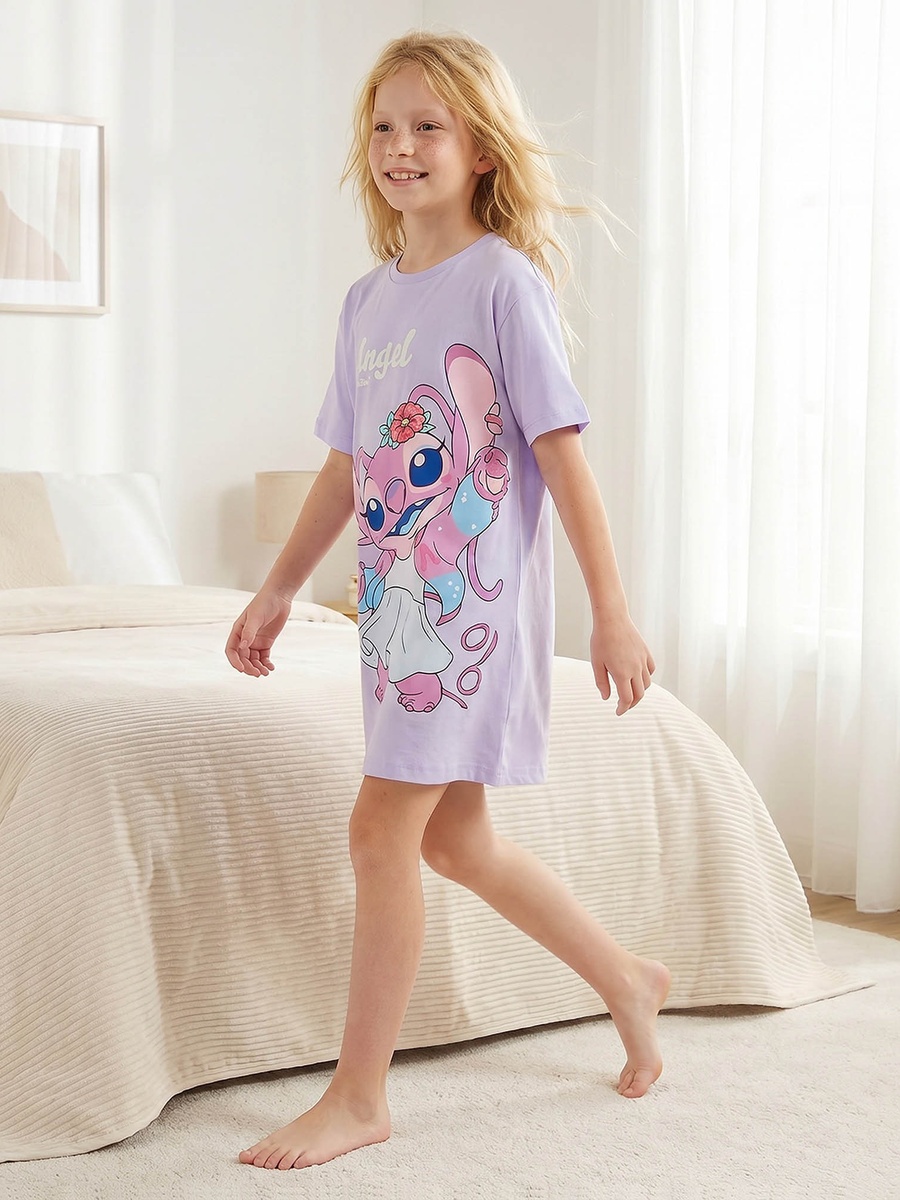 Cotton Round Neck Short Sleeves Shift Dress with Angel Print