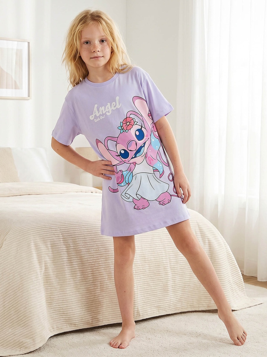 Cotton Round Neck Short Sleeves Shift Dress with Angel Print