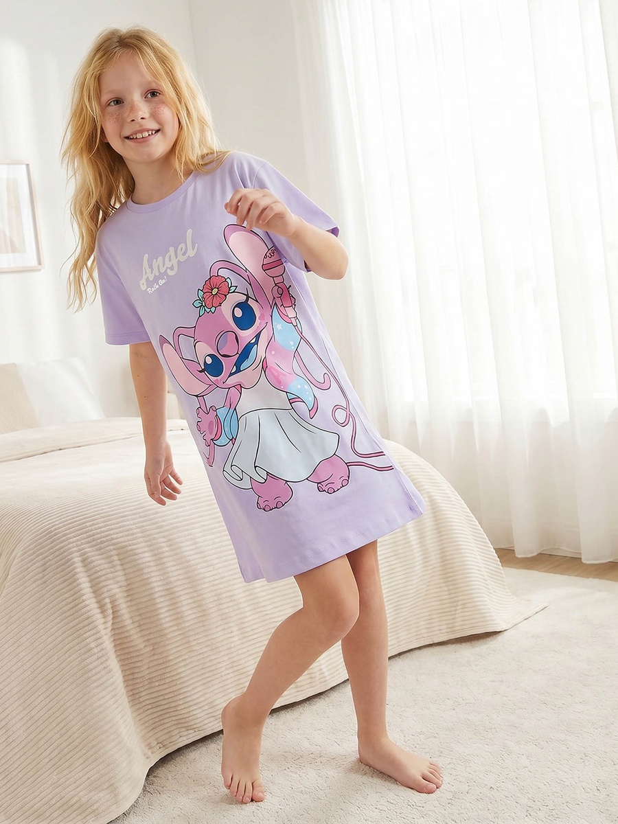 Cotton Round Neck Short Sleeves Shift Dress with Angel Print