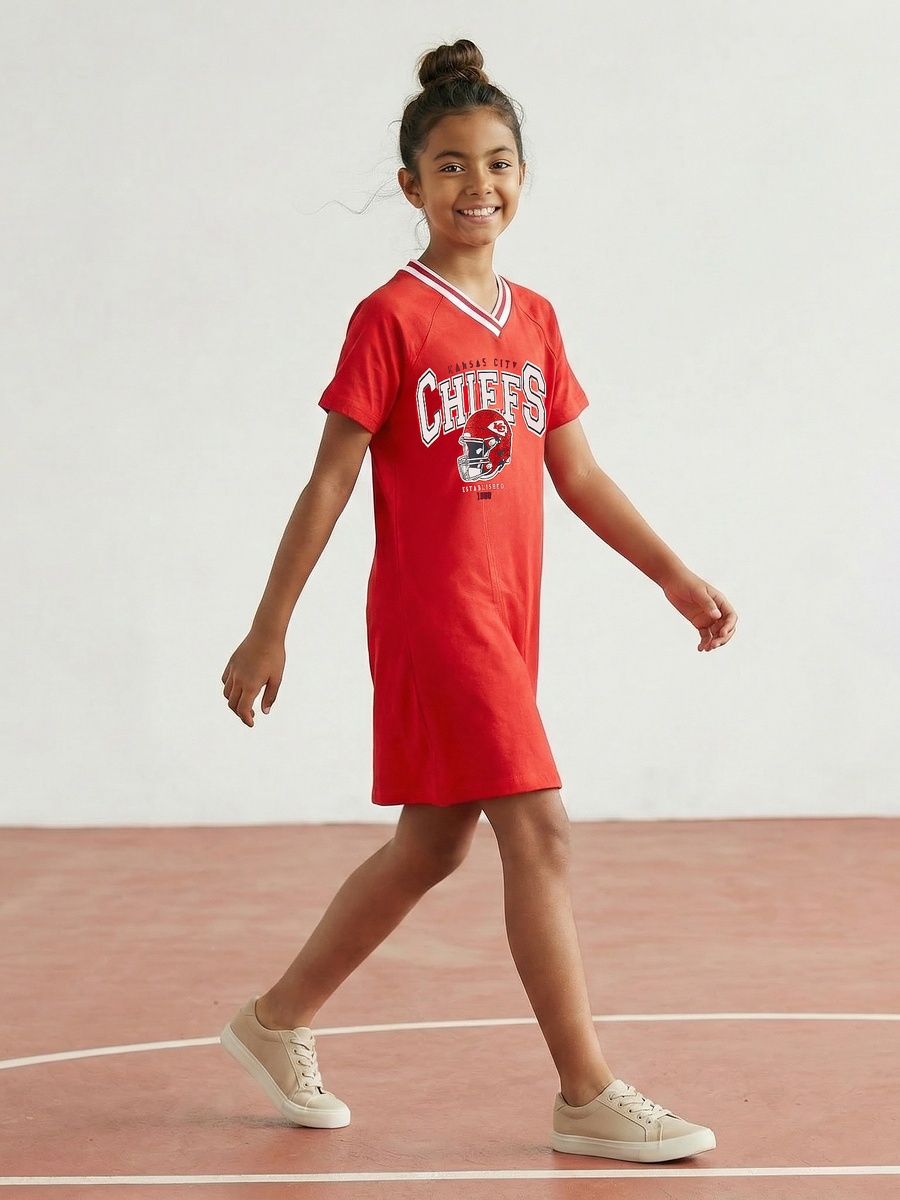  V Neck Short Sleeve Dress with Kansas City Chiefs Print