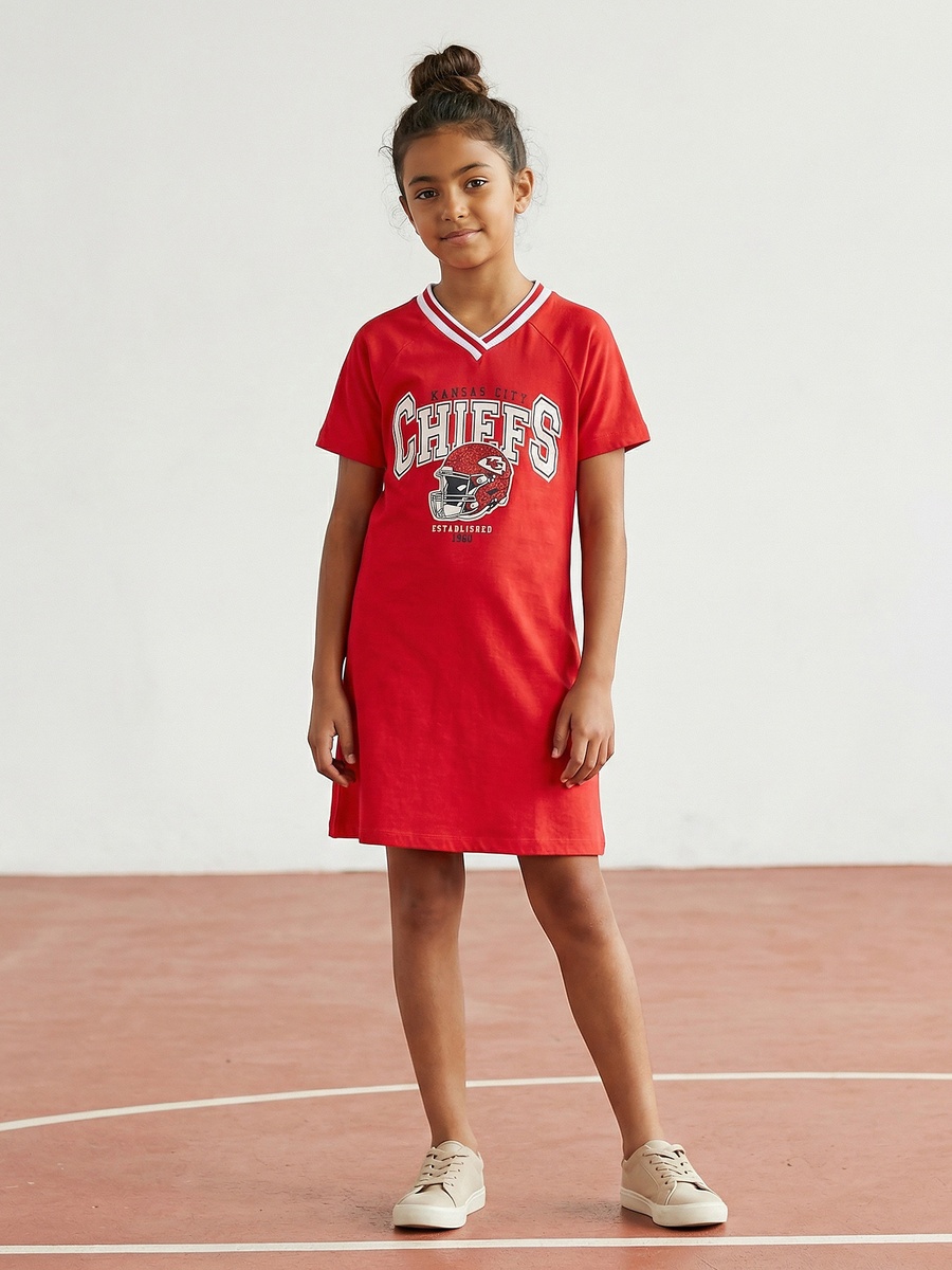  V Neck Short Sleeve Dress with Kansas City Chiefs Print
