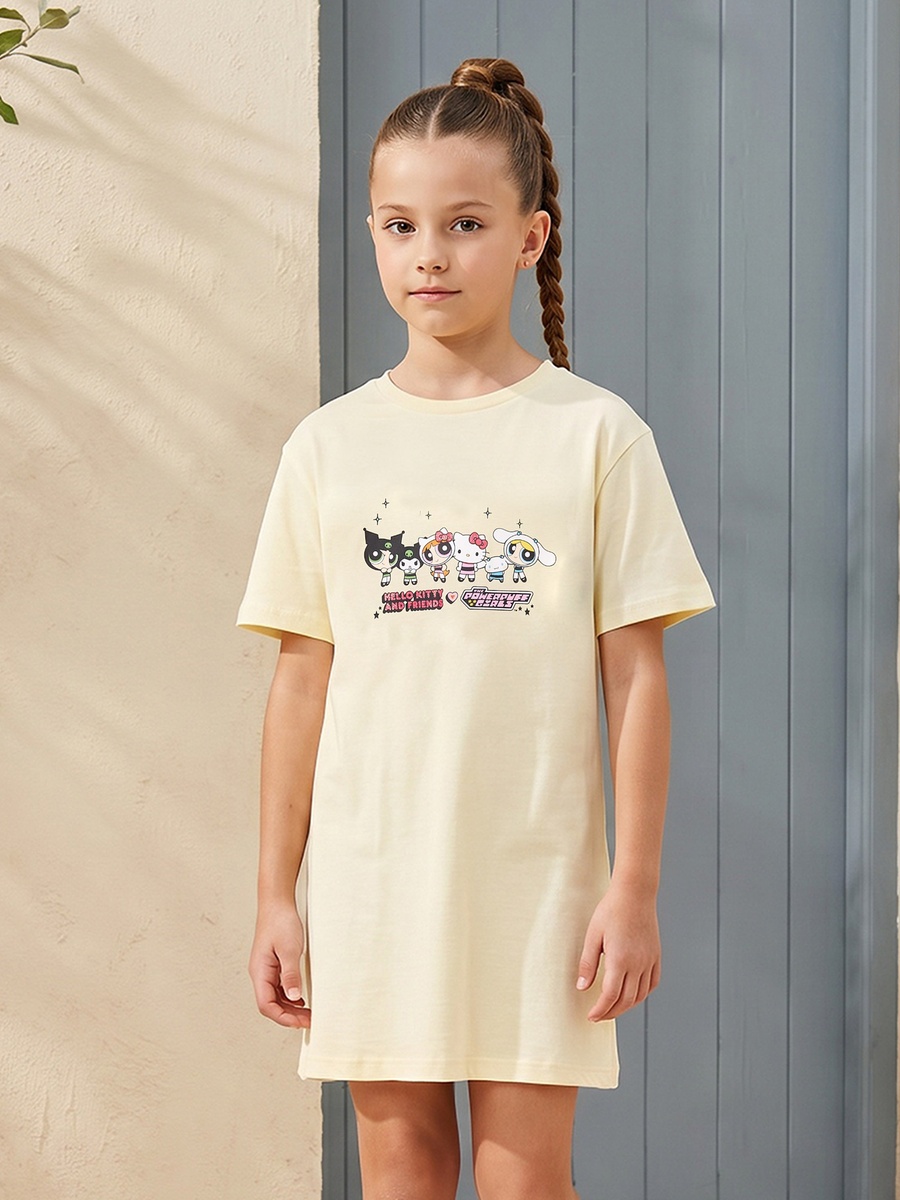 Round Neck Short Sleeves Knee Length Shift Dress with Powerpuff Girls and Hello Kitty Print