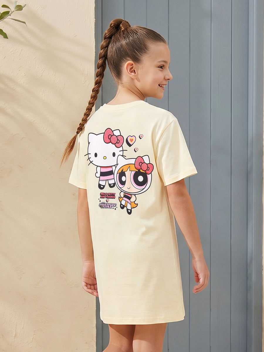 Round Neck Short Sleeves Knee Length Shift Dress with Powerpuff Girls and Hello Kitty Print