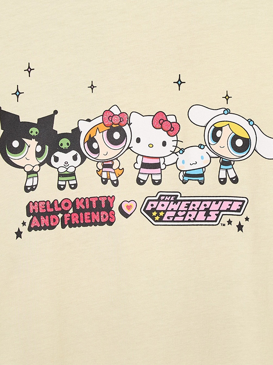Round Neck Short Sleeves Knee Length Shift Dress with Powerpuff Girls and Hello Kitty Print