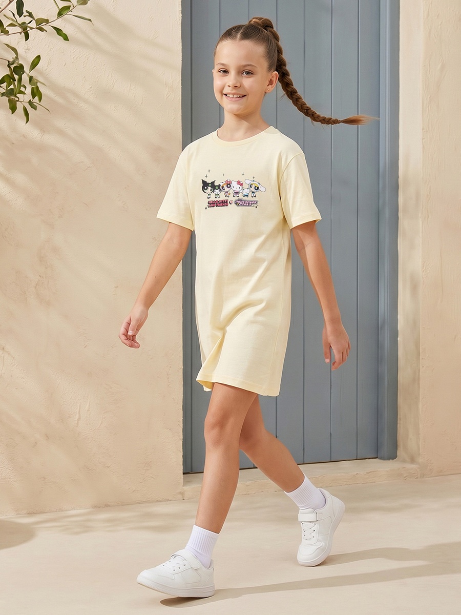 Round Neck Short Sleeves Knee Length Shift Dress with Powerpuff Girls and Hello Kitty Print