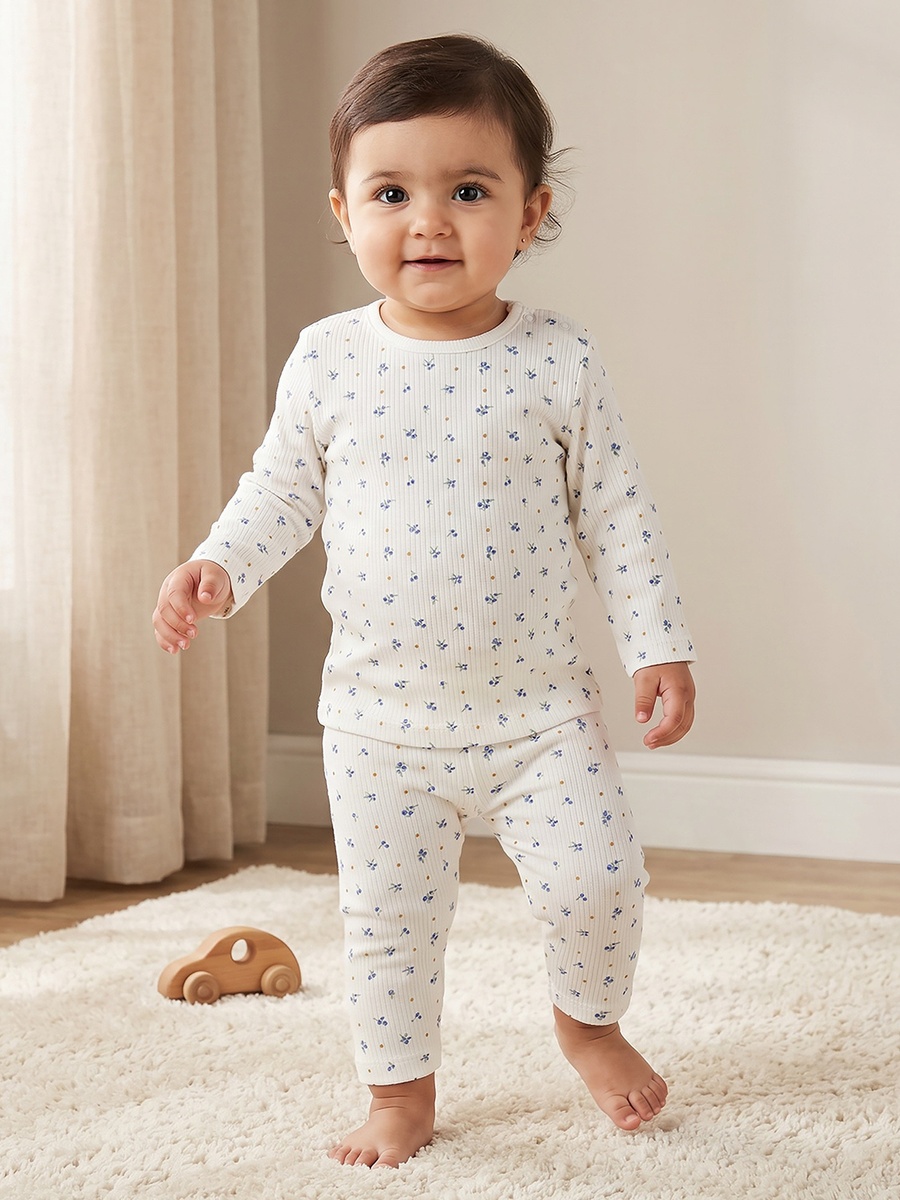 Set of 2 Cotton Round Neck Long Sleeves Pyjama Set with Floral Print