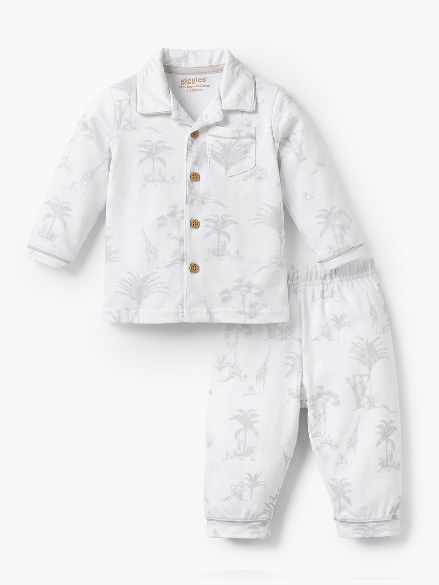 Cotton Collared Long Sleeves Pyjama Set with Forest Print
