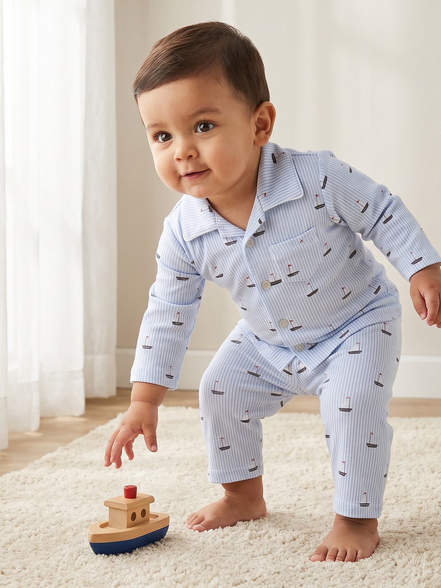 Cotton Collared Long Sleeves Pyjama Set with Nautical Print