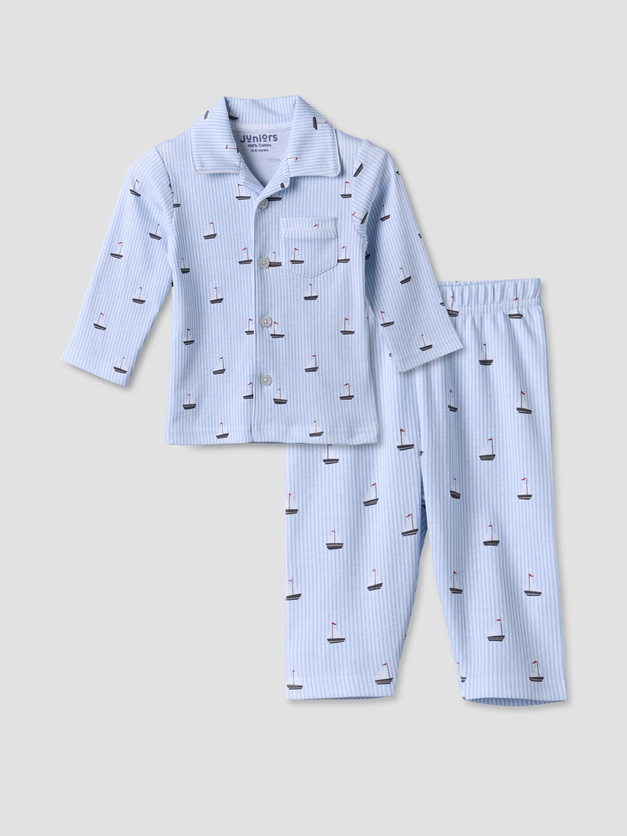 Cotton Collared Long Sleeves Pyjama Set with Nautical Print