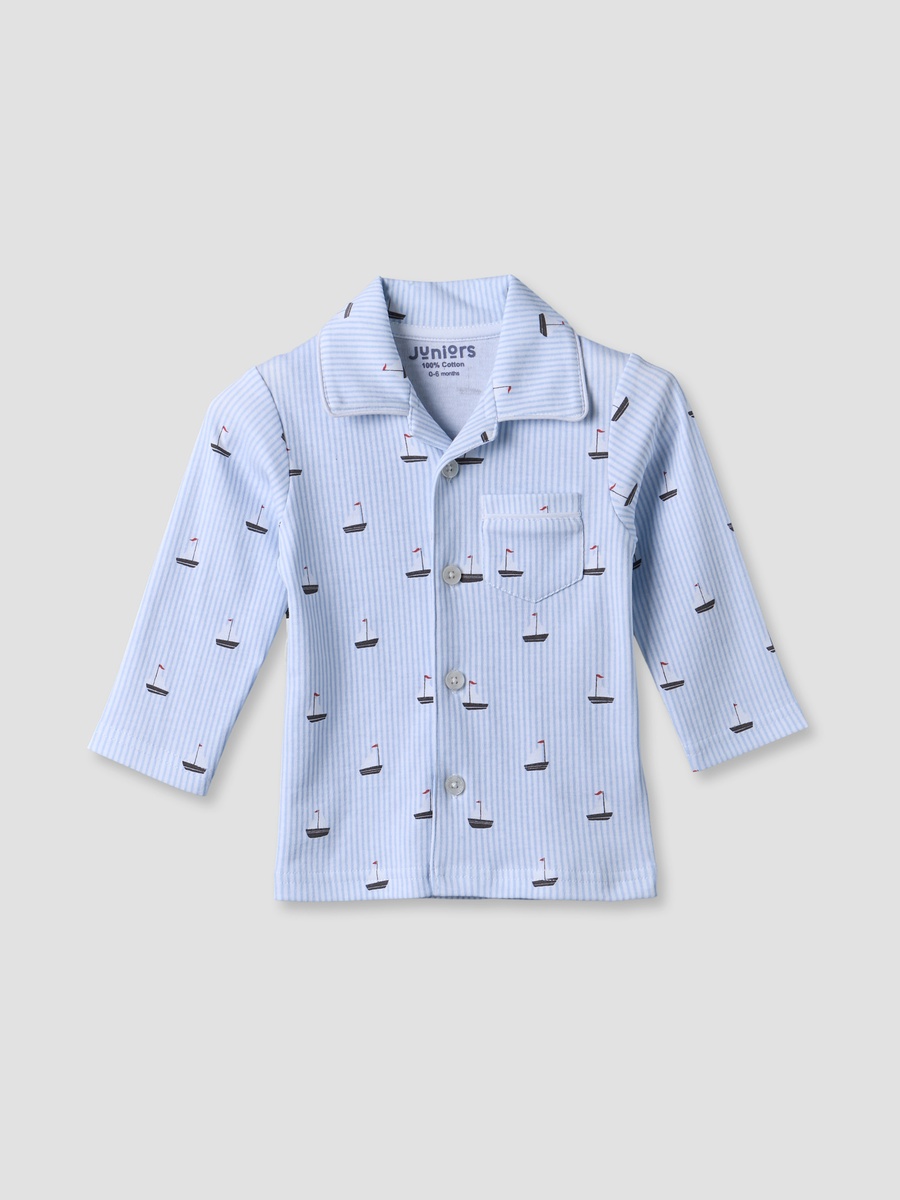 Cotton Collared Long Sleeves Pyjama Set with Nautical Print