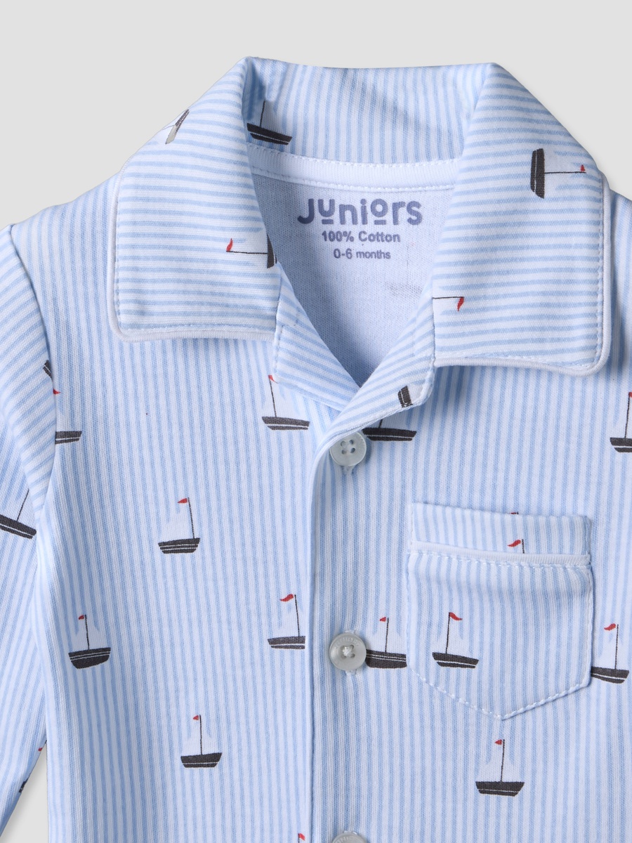 Cotton Collared Long Sleeves Pyjama Set with Nautical Print