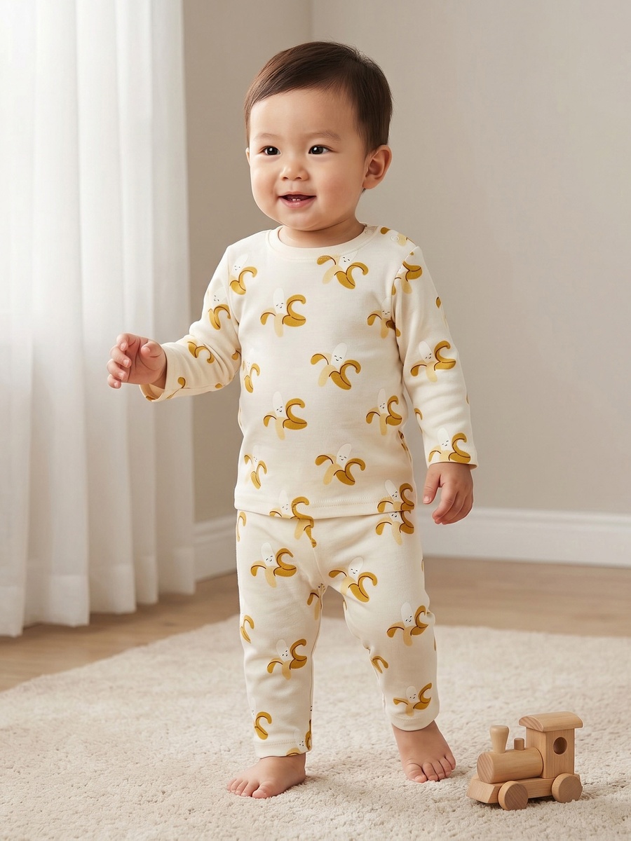 Cotton Round Neck Long Sleeves Pyjama Set with Banana Print