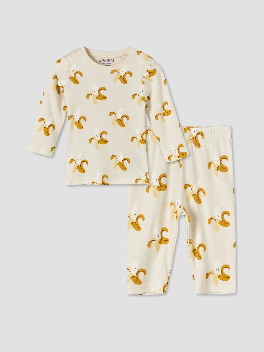 Cotton Round Neck Long Sleeves Pyjama Set with Banana Print