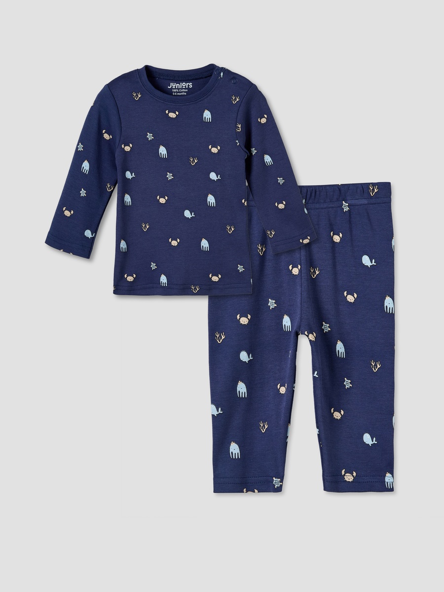 Cotton Round Neck Long Sleeves Pyjama Set with Underwater Print