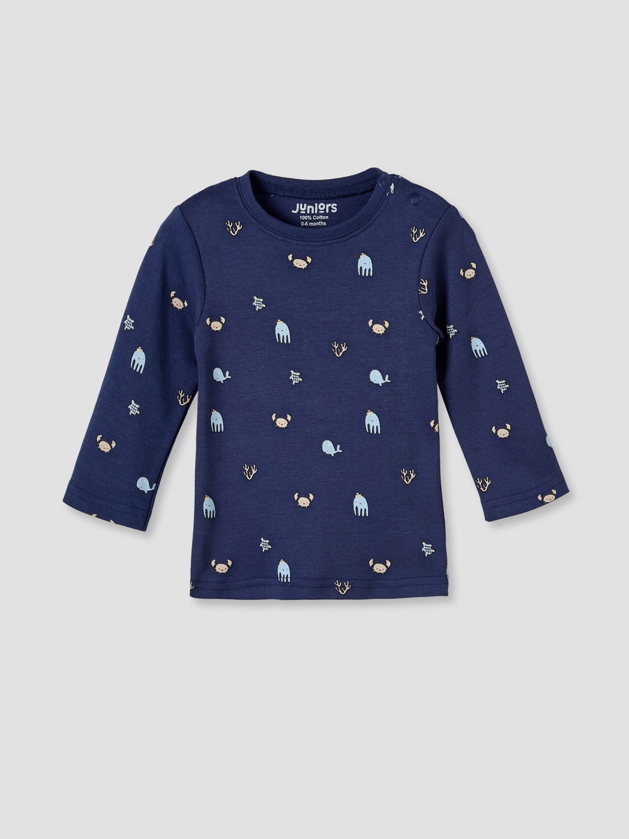 Cotton Round Neck Long Sleeves Pyjama Set with Underwater Print