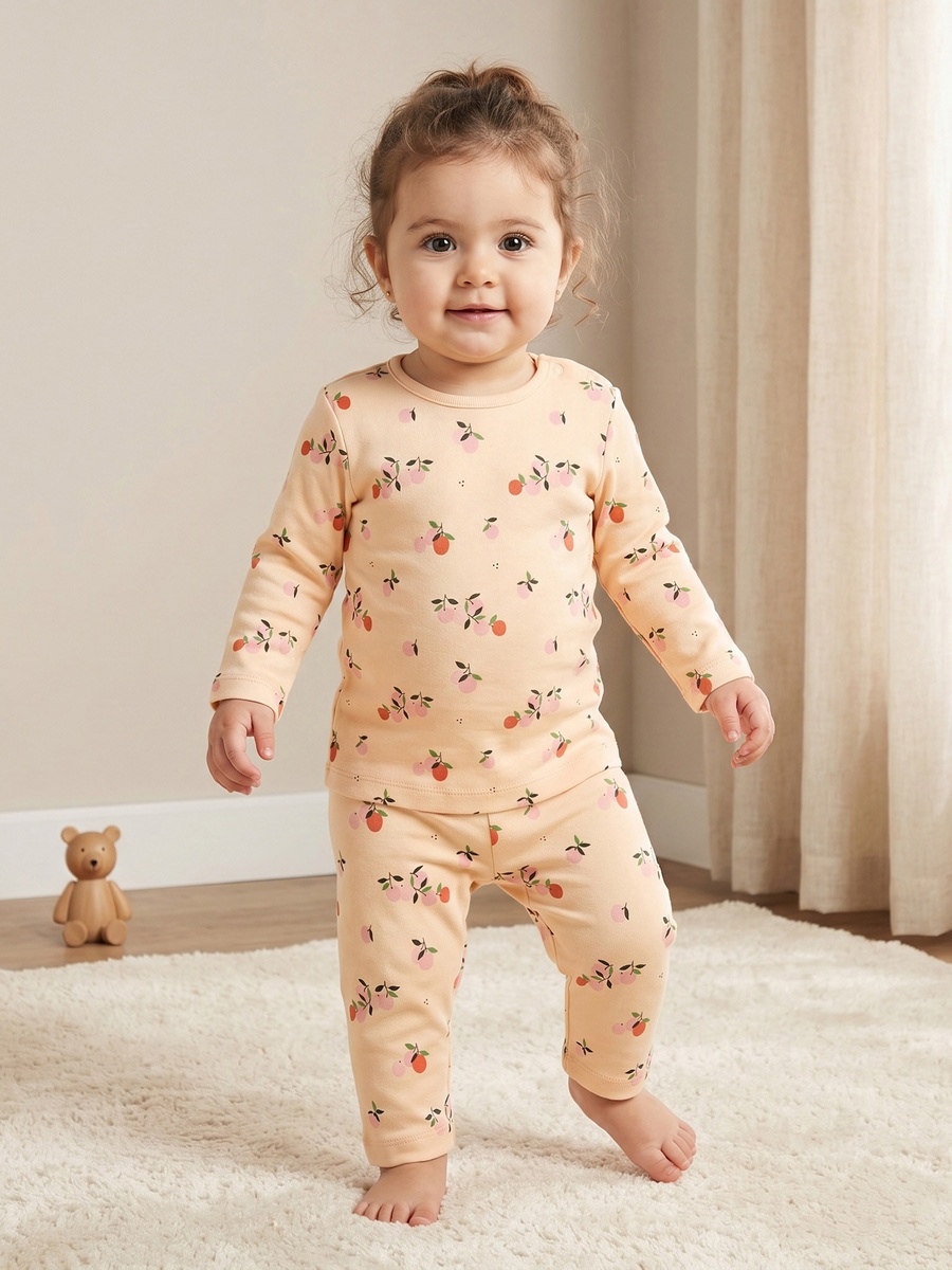 Cotton Round Neck Long Sleeves Pyjama Set with Orange Print